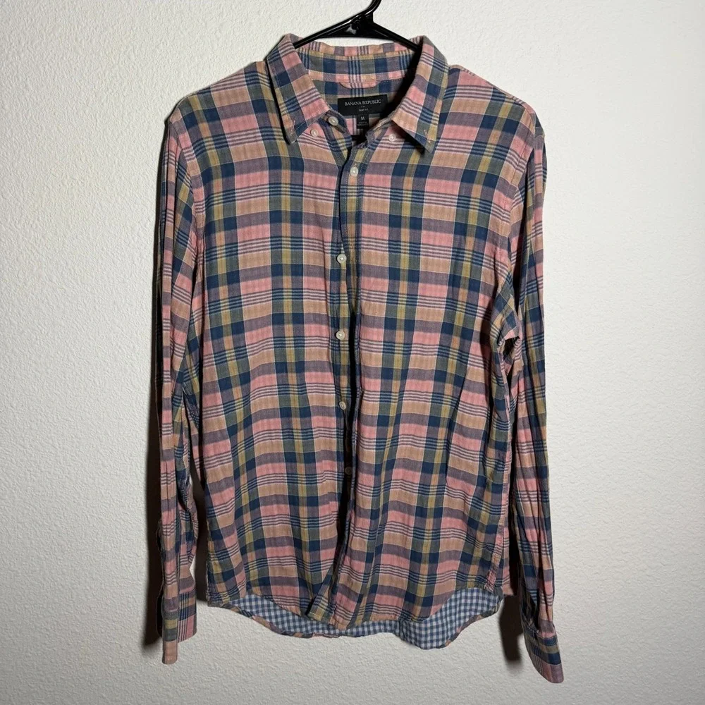 Banana Republic Flannel Shirt Mens Medium Multicolor Plaid Slim Fit Button Down